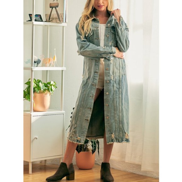 Vintage Distressed Ripped Long Maxi Denim Coat Jean Jacket - Picture 3 of 7